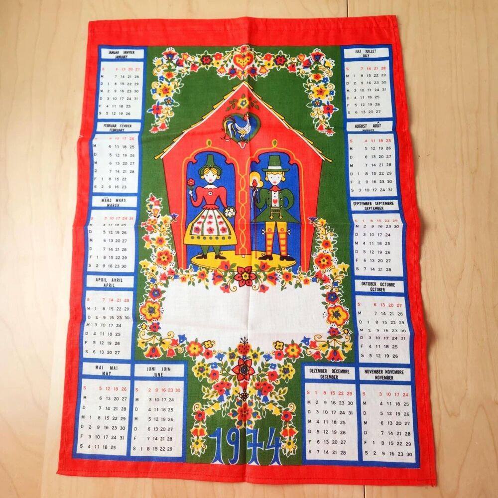 Vtg German 1974 Calendar Folk Art Linen Cloth Wall Hanging Kitchen Decor 23 x 17